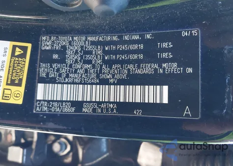 2015 Toyota Highlander Xle V6 из США, поврежденный, VIN 5TDJKRFH6FS156484